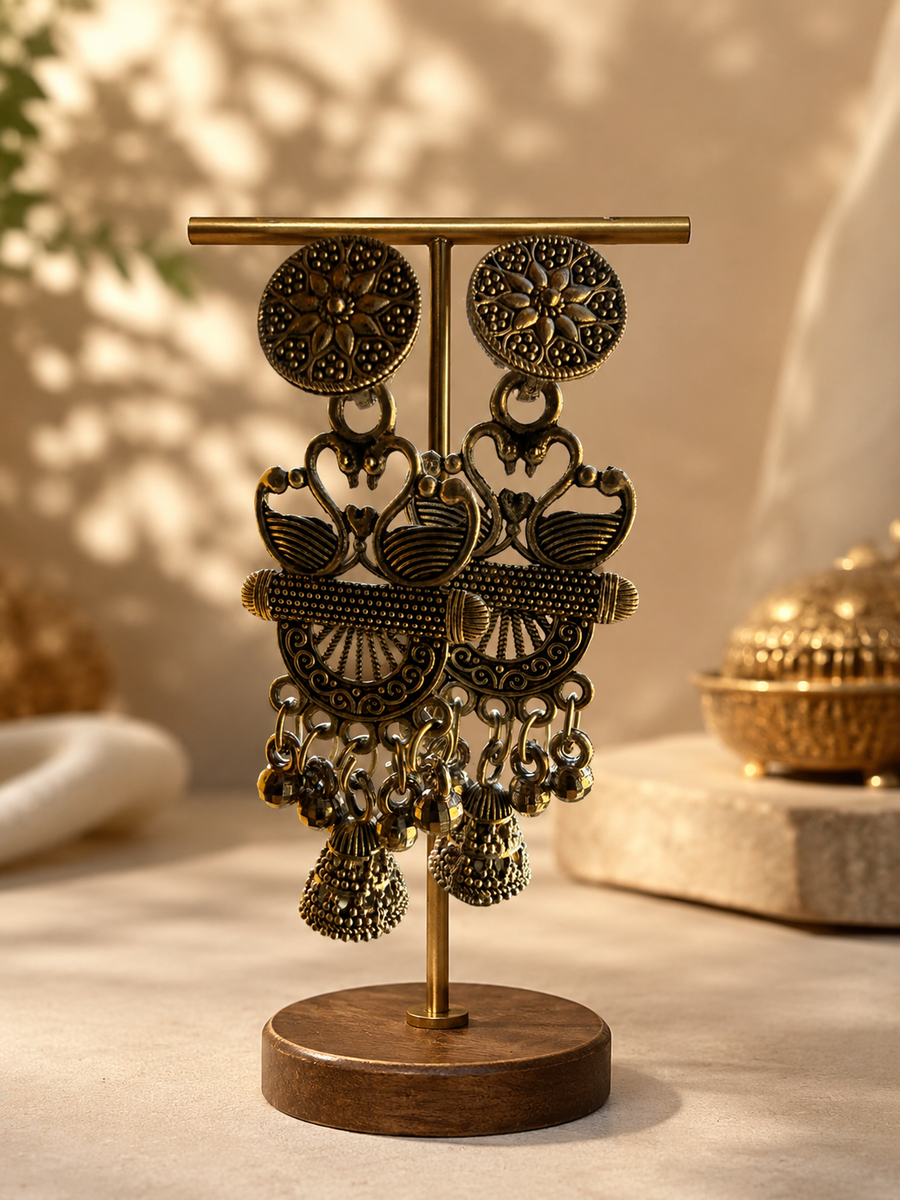Antique Swan Design Oxidized Jhumka Earrings