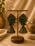 Peacock Feather Krishna Flute Oxidized Jhumka Earrings