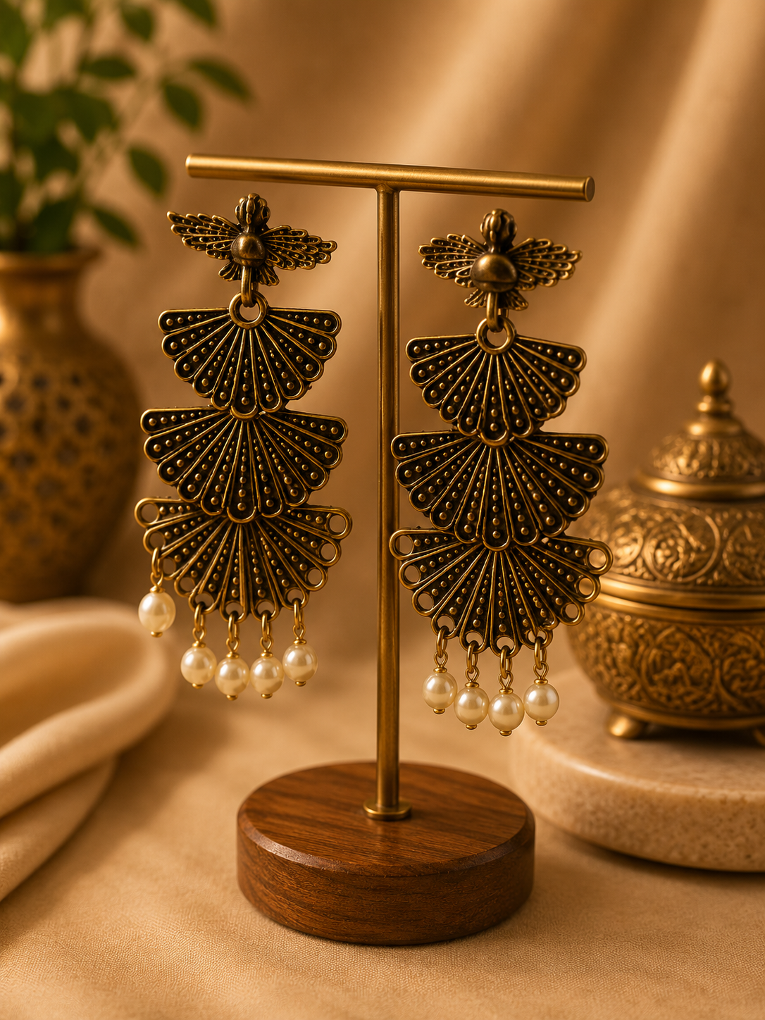 Layered Fan Design Oxidized Pearl Earrings