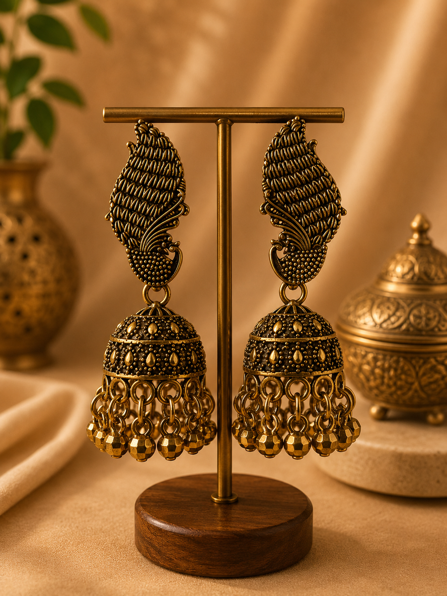 Peacock Design Oxidized Jhumka Earrings