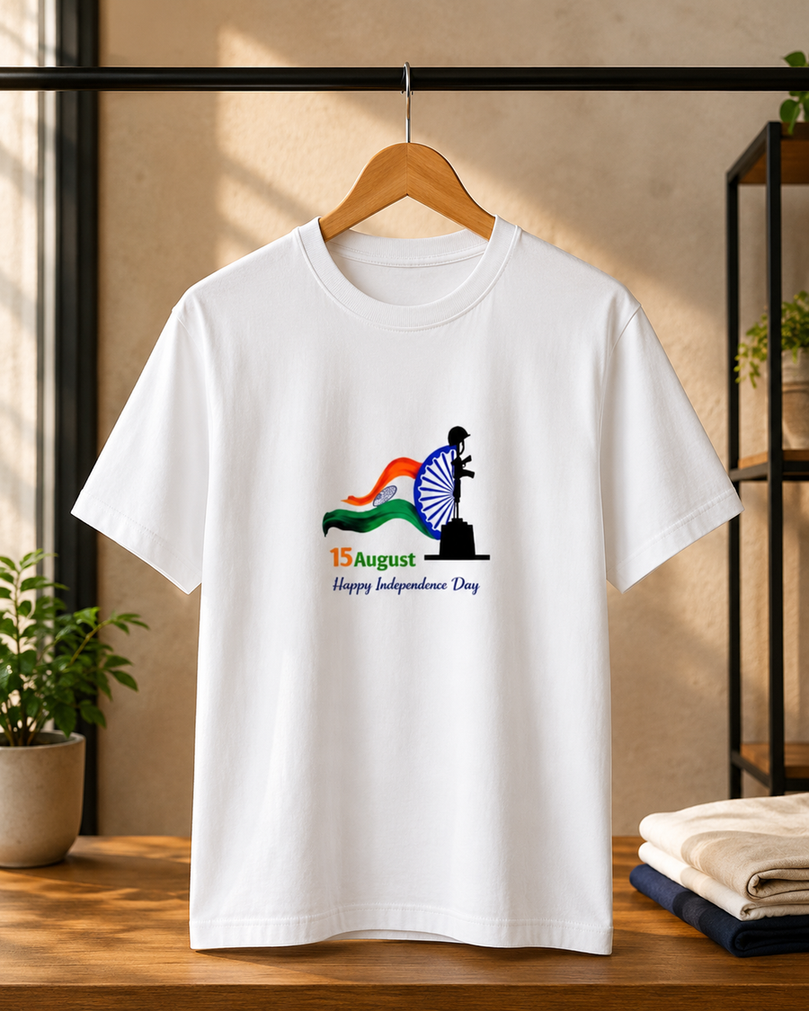 15 August Happy Independence Day Indian Flag & Soldier Unisex T-Shirt – White