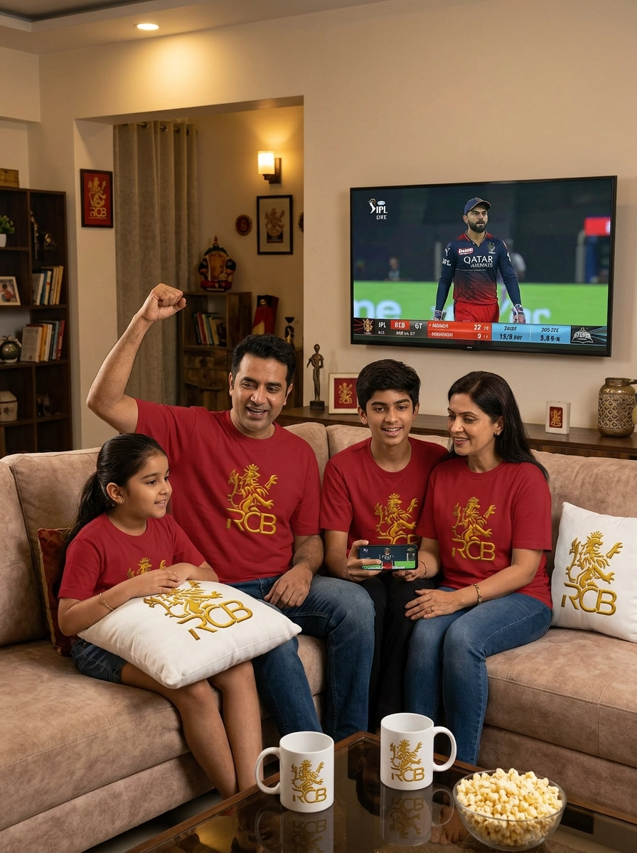 RCB Family Pack 1 Man T-Shirt + 1 Girl T-Shirt + 1 Kid T-Shirt + 1 Mug + 1 Pillow