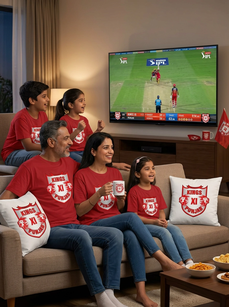 Punjab Kings Family Pack 1 Man T-Shirt + 1 Girl T-Shirt + 1 Kid T-Shirt + 1 Mug + 1 Pillow