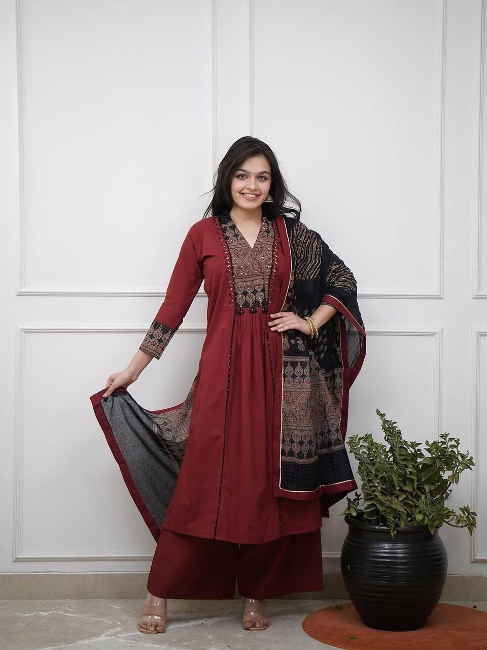 Elegant Maroon Anarkali Kurta Set with Printed Dupatta