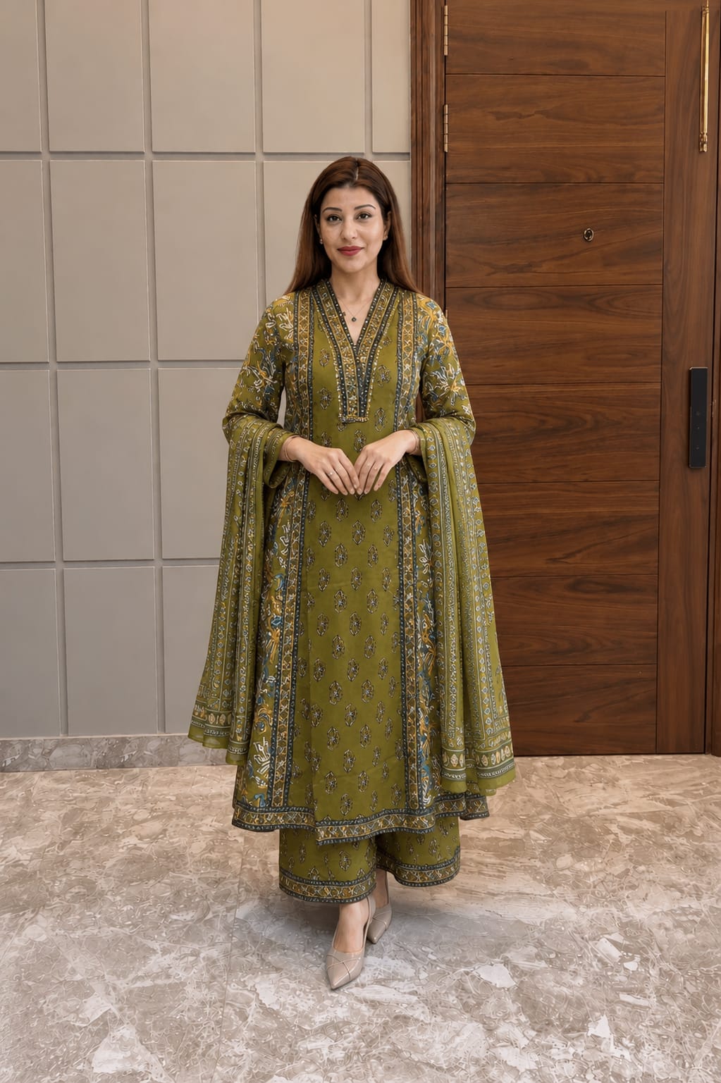 Olive Green Printed Kurta Set with Matching Dupatta