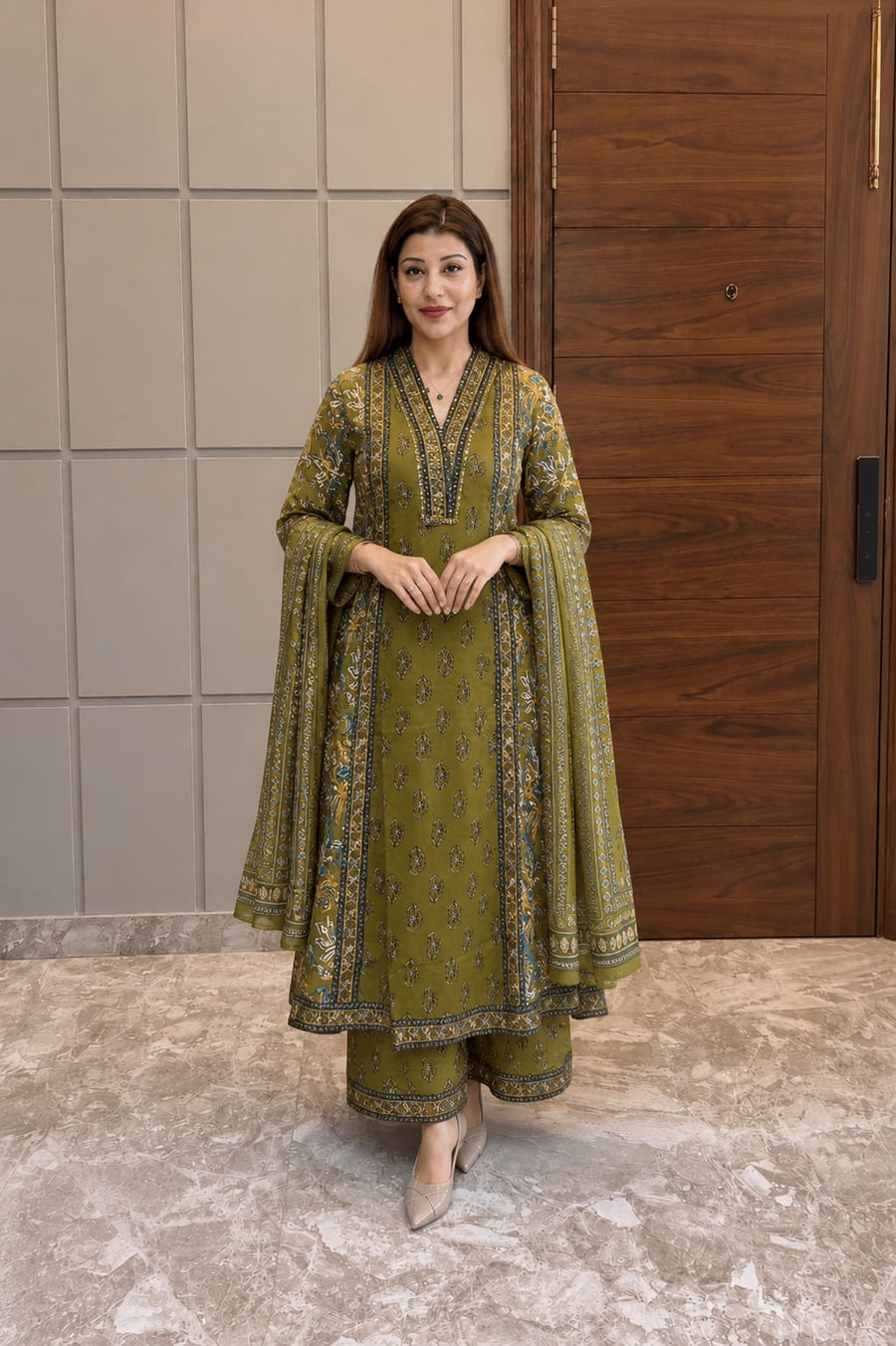Olive Green Printed Kurta Set with Matching Dupatta