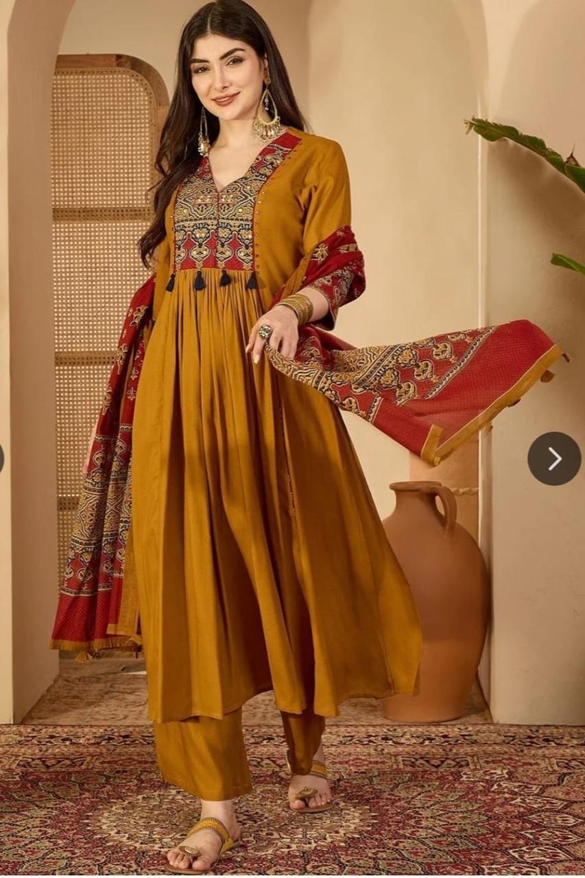 Mustard Yellow Anarkali Kurta Set with Printed Dupatta