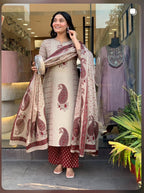 Elegant Beige & Maroon Paisley Print Kurta Set with Dupatta