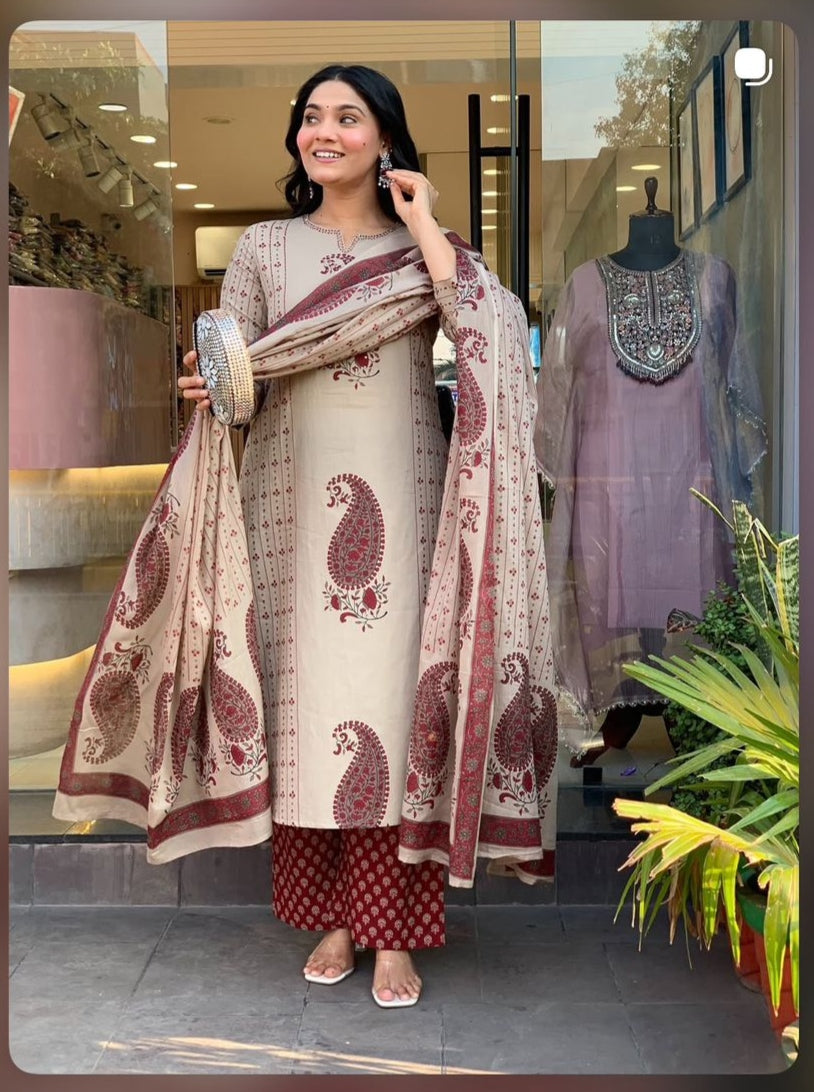 Elegant Beige & Maroon Paisley Print Kurta Set with Dupatta